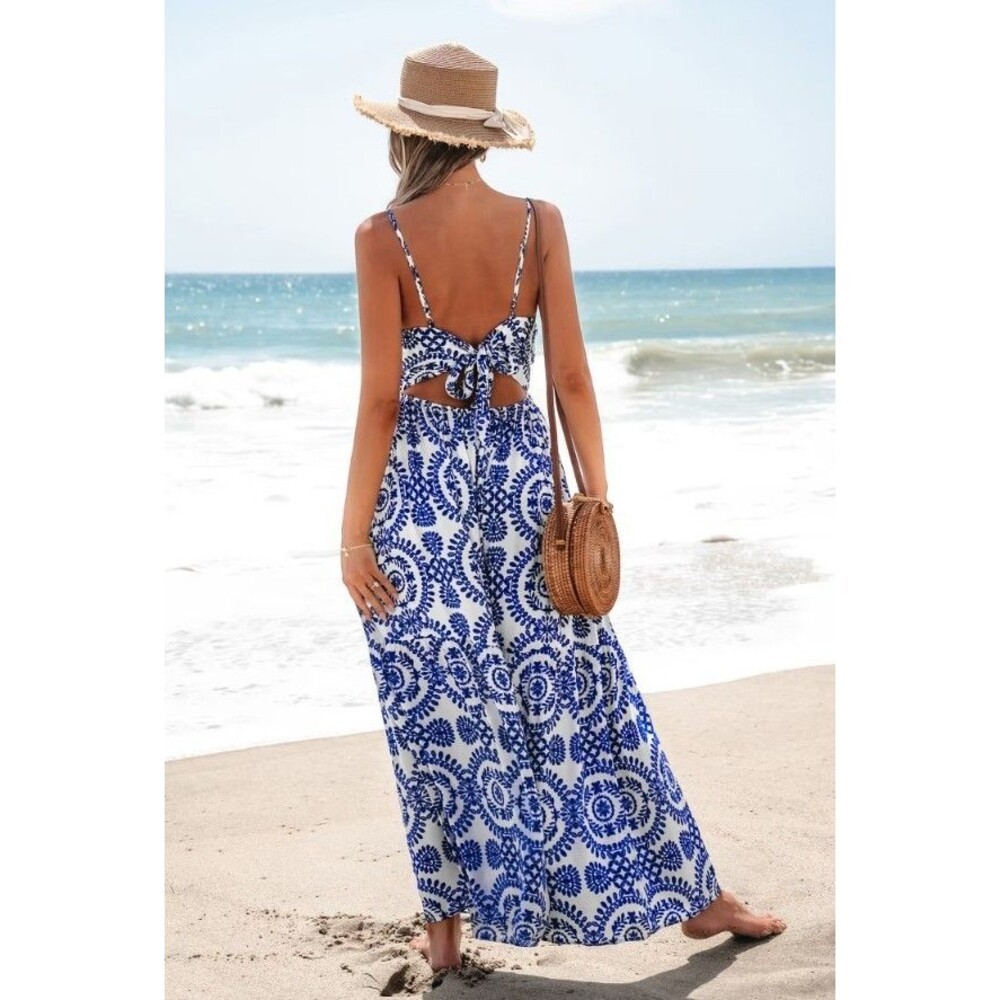 CUPSHE Maxi Dress Twist Keyhole Sleeveless Geometric Print Blue Rayon NWT - M - Picture 6 of 10
